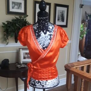 Marciano Vibrant Orange Silk Corset Top And Matching Silk Wrap Blouse